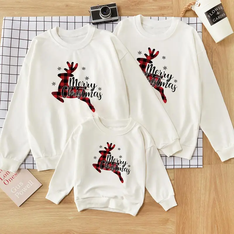 

Christmas parent-child clothing father mother boy girl round collar long sleeve white hoodie lovely cartoon Christmas elk