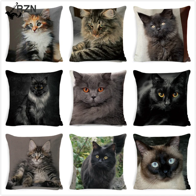 Черный чехол для подушки с кошкой из хлопка и льна квадратным Кот Подушка Чехол