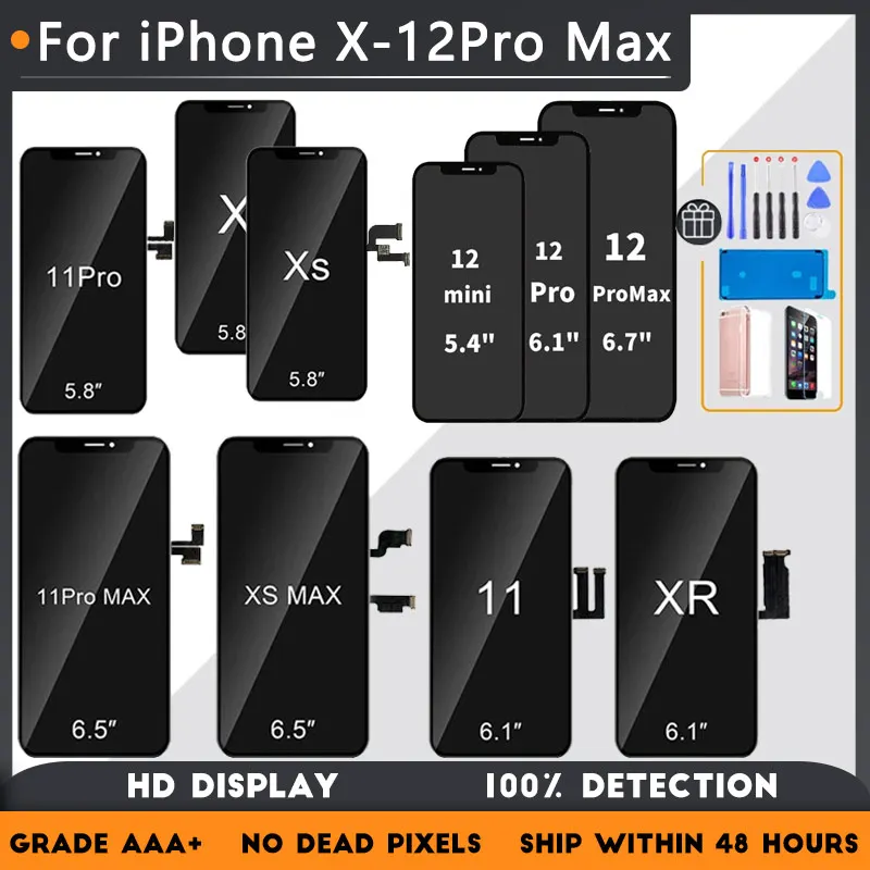 

ЖК-дисплей для iPhone X XS XR 12 11 Pro Max, сменный сенсорный ЖК-экран для iphone XR, XS, 11Pro Max, без битых пикселей, закаленное стекло