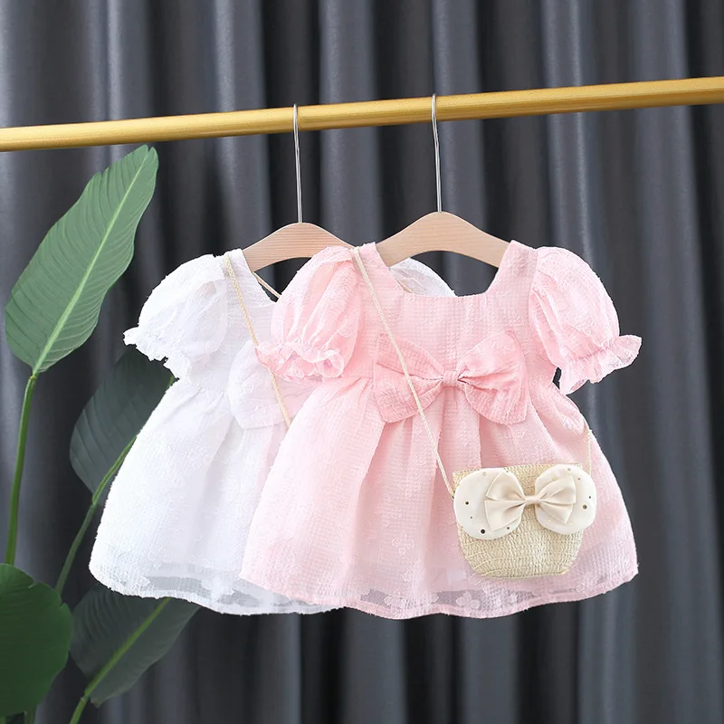 

2021 Summer Baby Dresses Toddler Girl Clothes Cotton Short Sleeve Cute Pink Birthday Princess Dress+Bag Infant Clothing BC2060-1