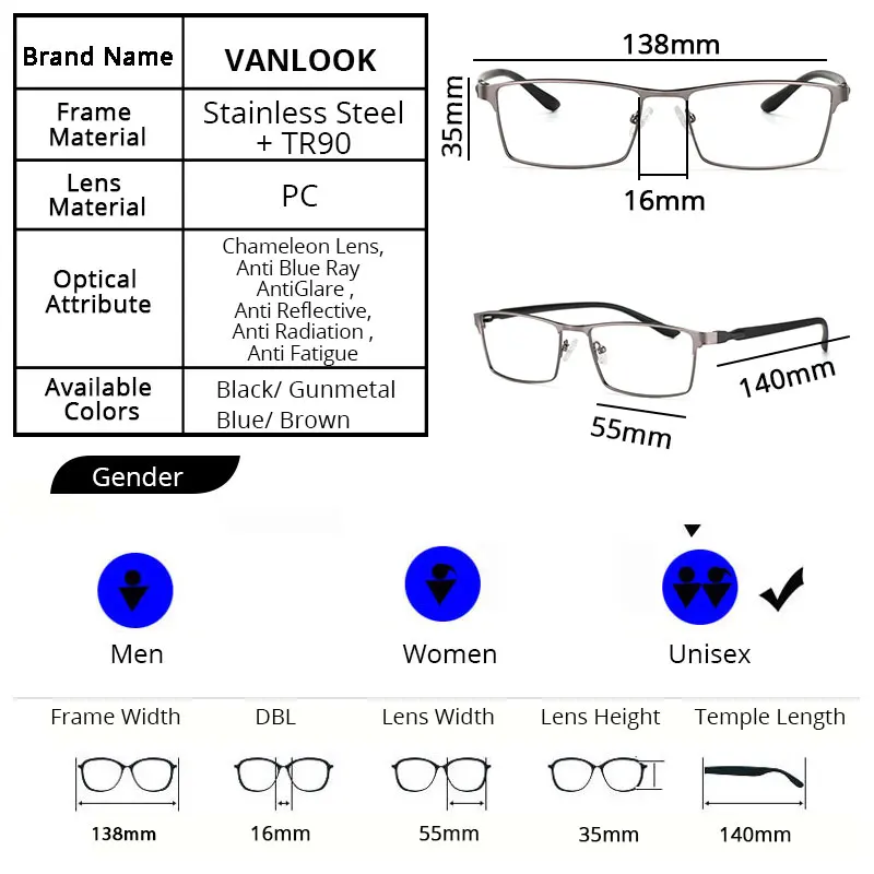 Мужские фотохромные солнцезащитные очки VANLOOK компьютерный светильник с защитой