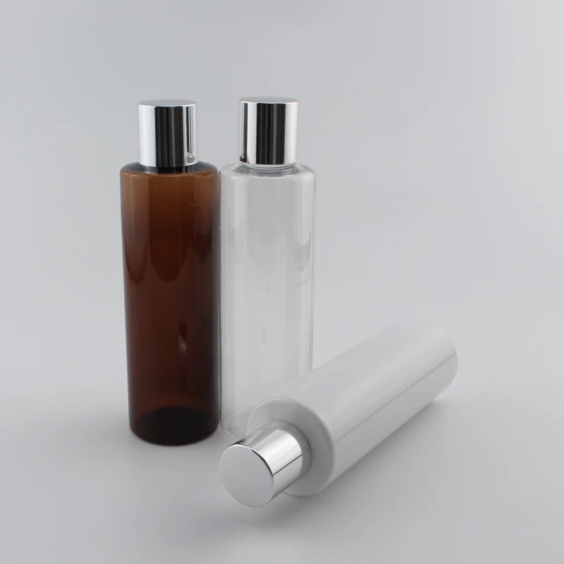 

Flat Shoulder Plastic Toner Bottles With Stopper 200ml Bright Silver Aluminum-Plastic Screw Caps Container For Cosmetics 12Pcs