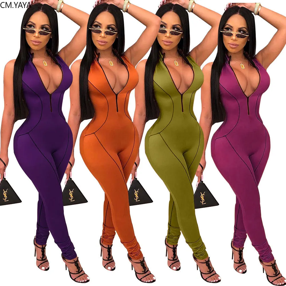 women stripes splicing zipper up sleeveless zipper up bodycon long jumpsuit sexy night club party romper playsuit GLAJ4075
