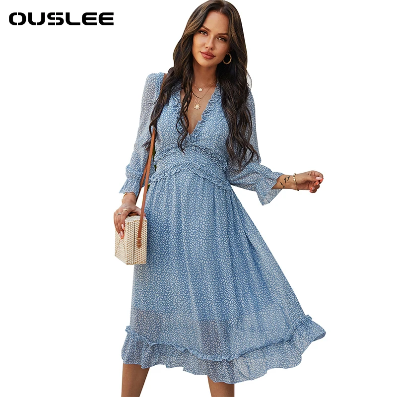 OUSLEE 2021 Новые цветочные шифоновые платья для женщин V образный вырез с оборками