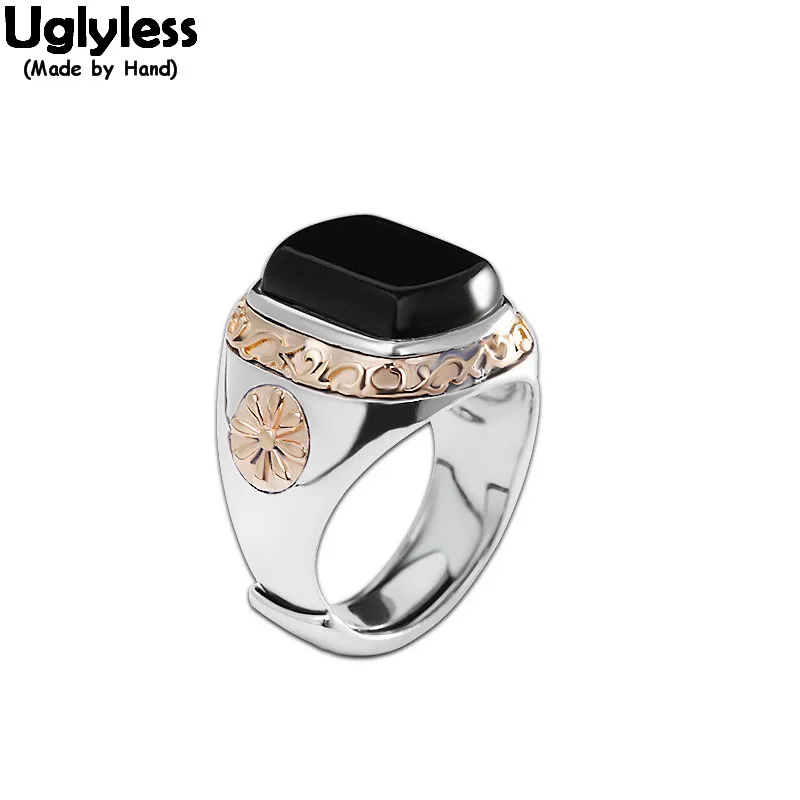 

Uglyless Mysterious Black Square Agate Rings Solid 925 Silver Glossy Open Ring Handmade Bronze Flower Ring Cool Men Fine Jewelry