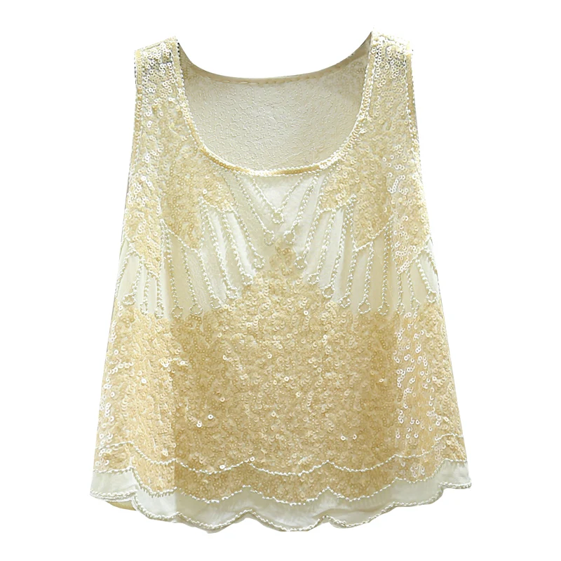 

Heavy Embroidery Sequins Beaded Sleeveless Shirt Women 2021 Summer Korean Style Loose Solid Color Mesh See-through Vest Tops