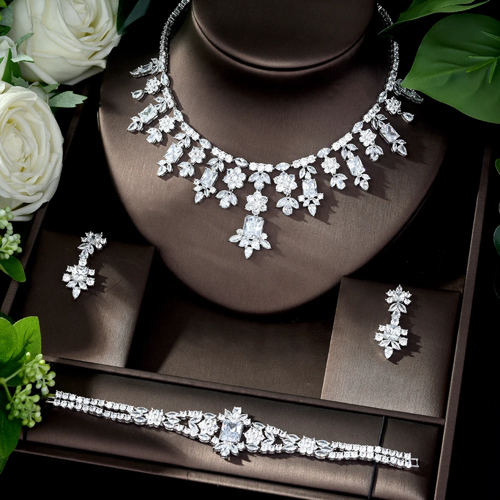 HIBRIDE новый роскошный свадебный комплект ювелирных изделий для невесты блестящее ожерелье серьги браслет кольцо бижутерия N-561