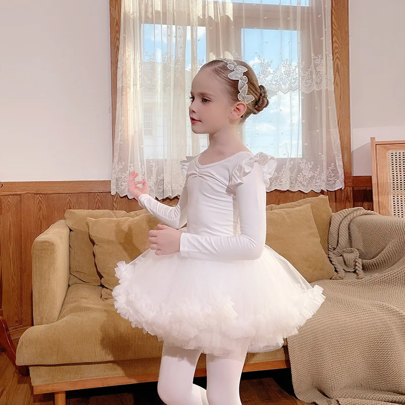 

MW Ballet Tutus Dress Ruffle Sleeve Cross Back White Cotton Artistic Gymnastics Leotard with Tulle Skirt Dancewear for Girl Kids