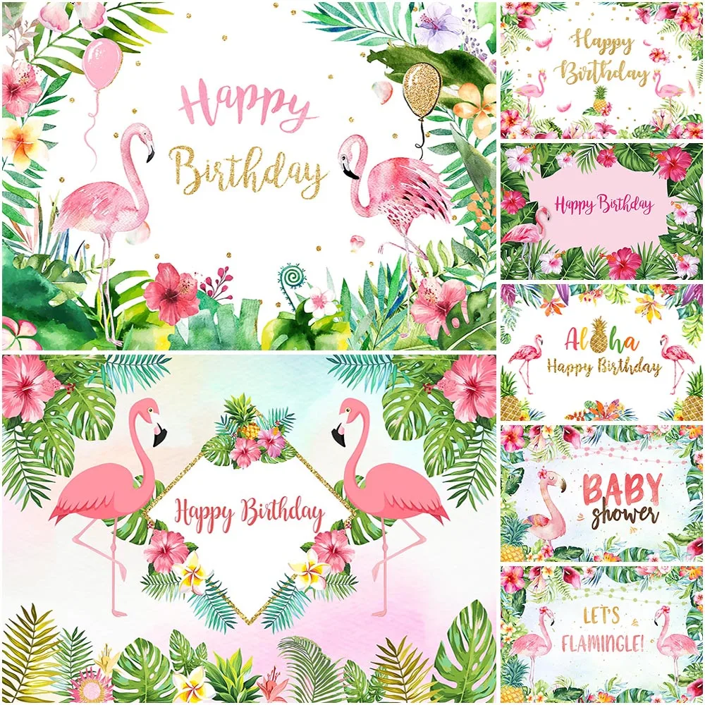 Фон для фотосъемки с изображением розовых фламинго летних тропических Гавайских