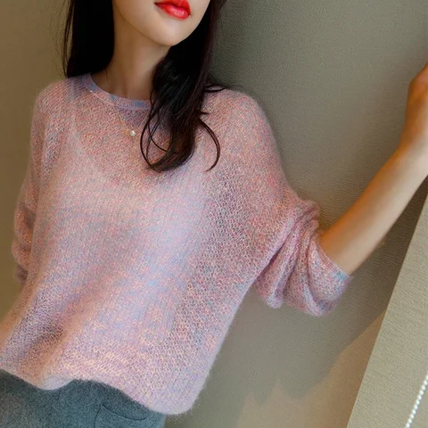 Женский мохеровый свитер, Розовый пуловер с круглым вырезом и длинным рукавом, Модный повседневный простой Милый джемпер в Корейском стиле для осени