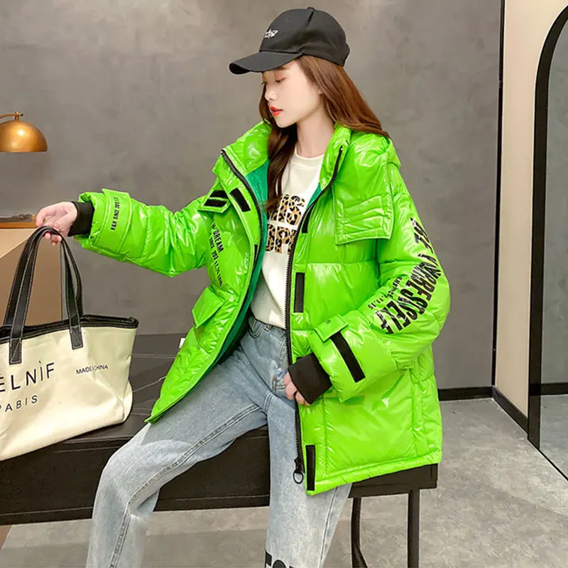 Winter Down Cotton Jacket Thick Women Short Loose Hooded Letters Fashion Streetwear Outerwear Warm Women Glossy Coat Parka DH16