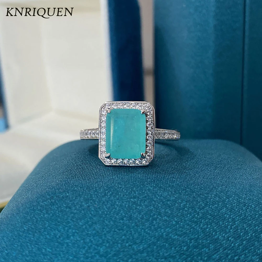 

Charms 100% 925 Sterling Silver 8*10mm Paraiba Tourmaline Blue Stone Aquamarine Diamond Wedding Engagement Stamp Rings for Girls