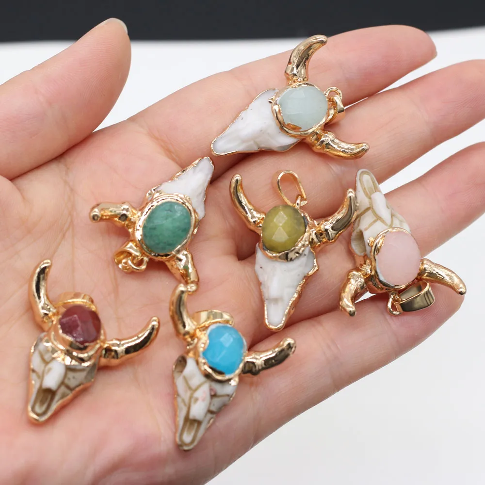 

1pcs Natural Stone Bull Head Bone Plus Egg Shape Faceted Charm Pendant for Necklace Bracelet Jewelry Making Gift Size 26x30mm