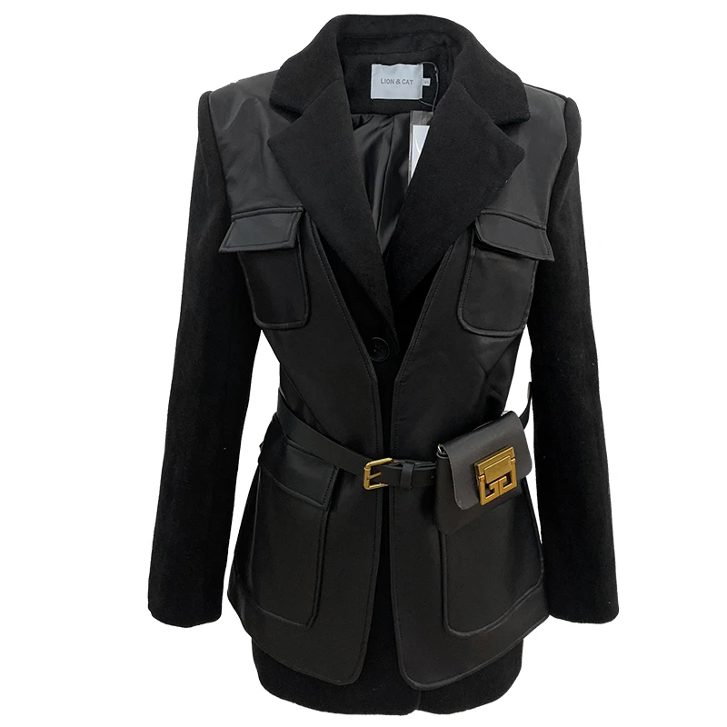 

TVVOVVIN Blazer Leather Patchwork Fake Women Two Suit Blazer Women Black Vintage Casual Womans Blazer Coats 2020 New 3TPU