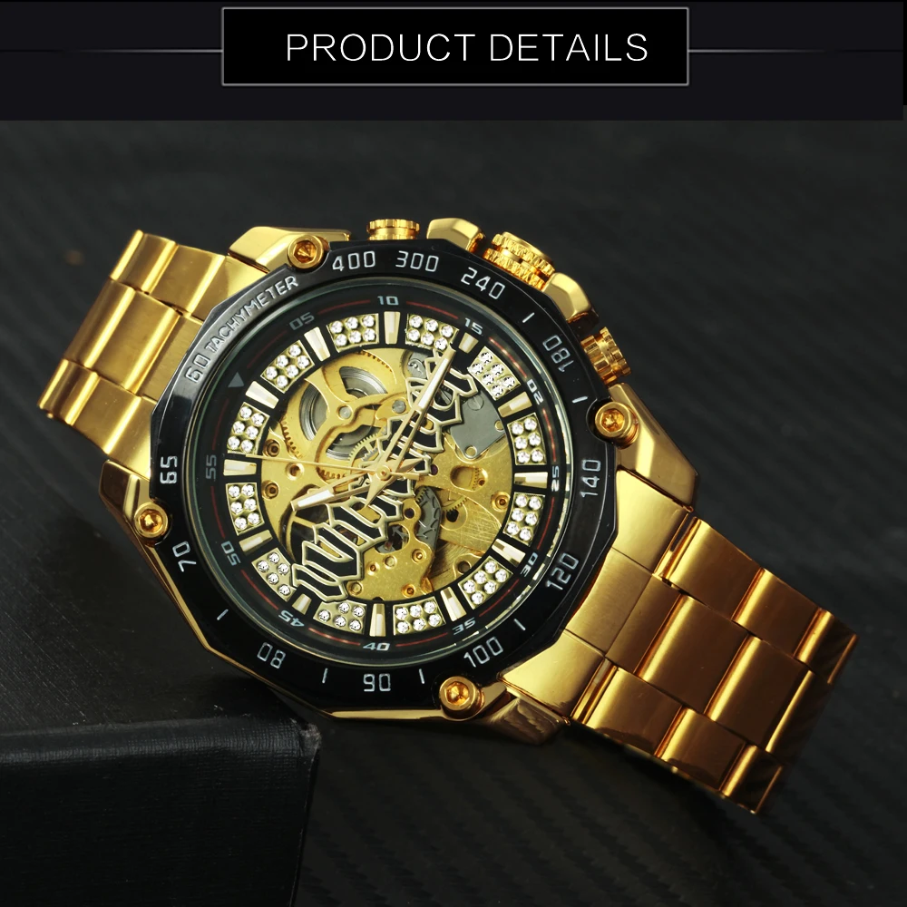 Победитель Скелет автоматические механические часы для мужчин алмаз Iced Out панк мужские s часы бренд класса люкс Золотой стальной ремешок наручные часы
