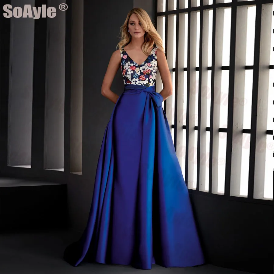 

SoAyle V-Neckline Sleeveless Sexy Open Back Evening Dress 2020 Multi-colored Embroidered Blue Satin Evening Dresses