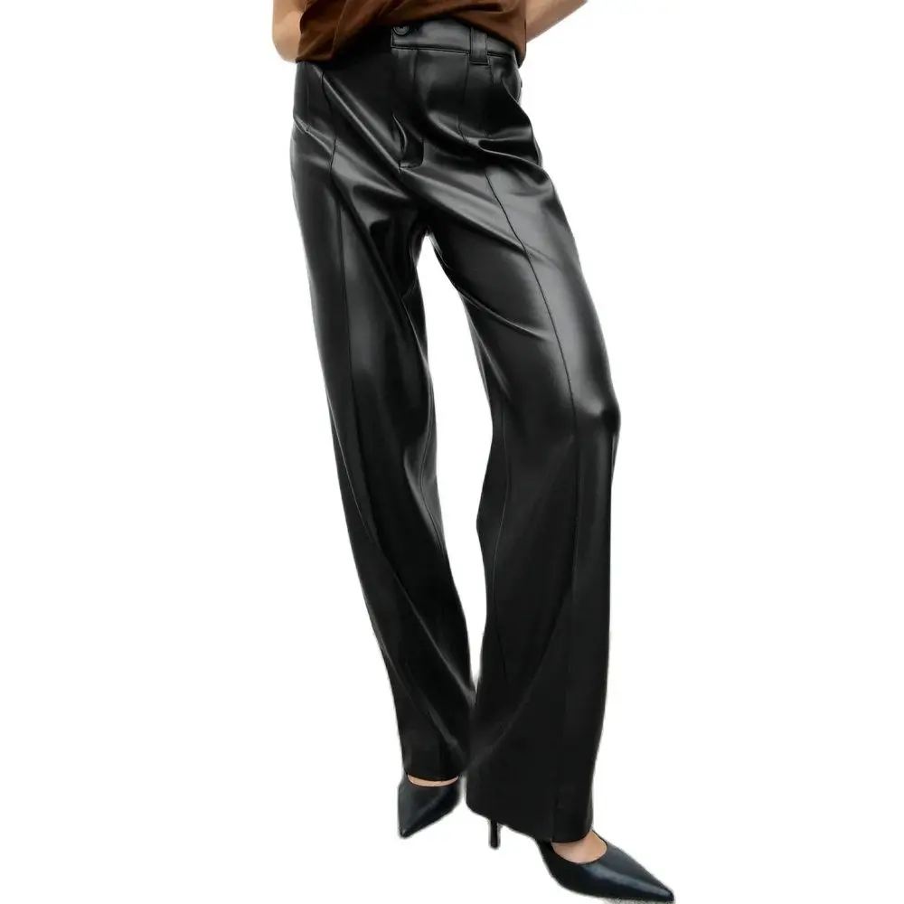 

2021 New Women Autumn Winter Black Faux Leather High Waist Straight Jegging Pants Ladies Vintage PU Zipper Fly Street Trousers