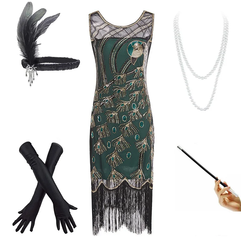 Green set 1920s винтажное платье с павлином и блестками, с бахромой, вечерние, Украшенные бусинами, платье Грейт Гэтсби/комплект аксессуаров(S-XXXL - Цвет: Green set