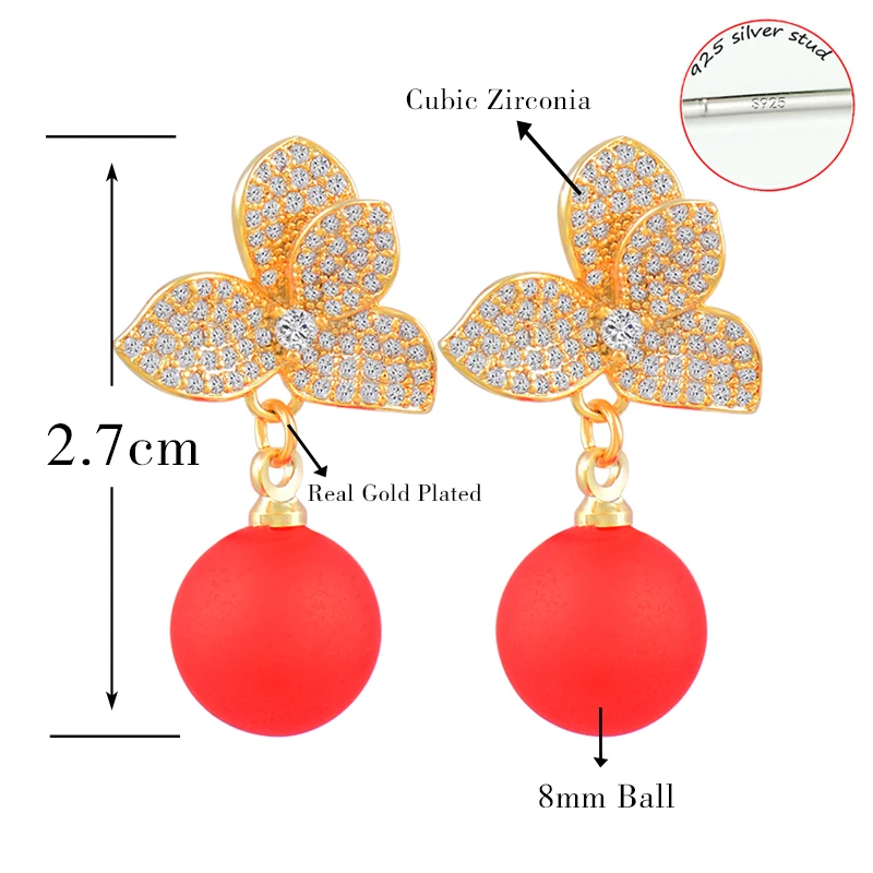 

SINLEERY Charm Solid Crystal Flower Earrings With Red Ball Hanging Earrings Gift To Girlfriend Wedding Party Jewelry ES176 SSP