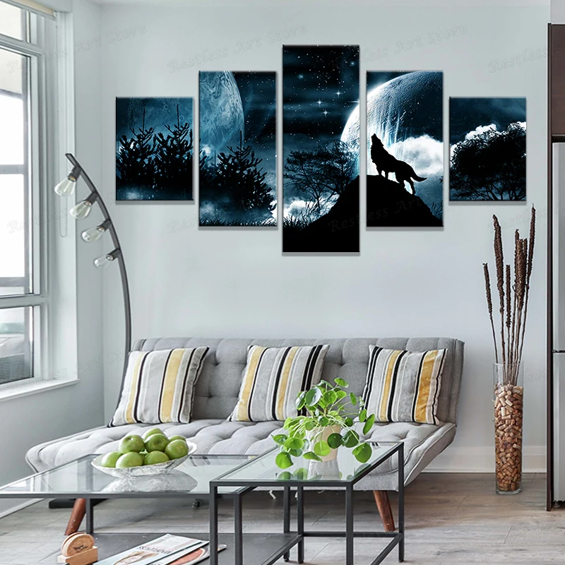 Модульные картины для гостиной HD Печатный холст 5 панелей полная луна Ночной лес