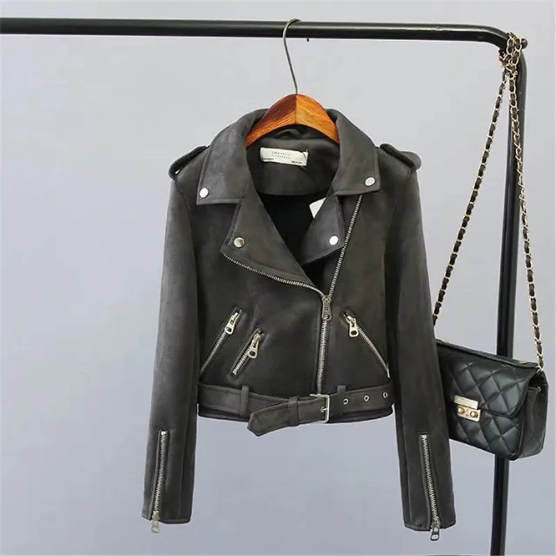 

New Fashion Women Motorcycle Suede Leather Jackets Female Spring Autumn Short Epaulet Zippers Coat Faux Leather Jacket Tops K63