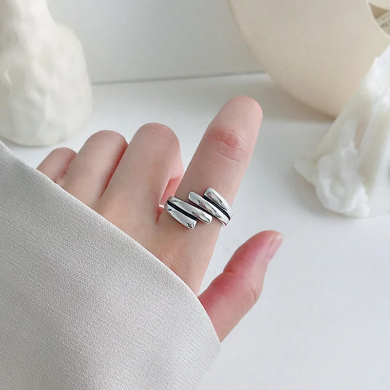 

PANJBJ 925 Sterling Silver Vintage Simple Irregular Mutil Layers Ring Women Opening Ring For Party Jewelry Gift