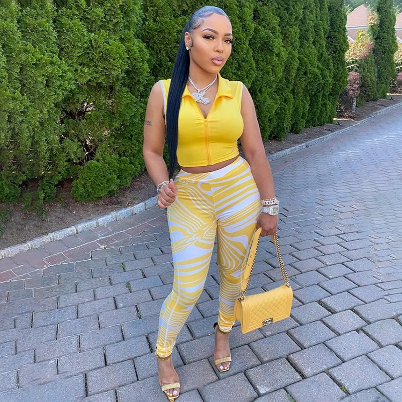 

2021 Fall New Women's European and American Solid Color Lapel Sleeveless Top High Waist Printed Pants Set