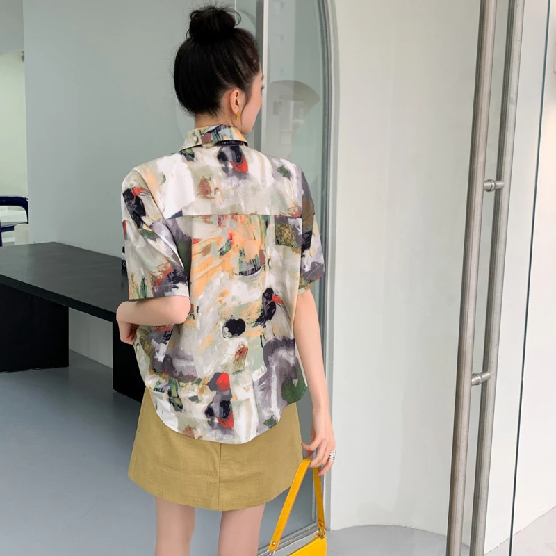 

Kimotimo Vintage Print Shirts Women Korean Summer Short Sleeve Thin Loose Tops Design All-match Fashion 2021 Women Clothing