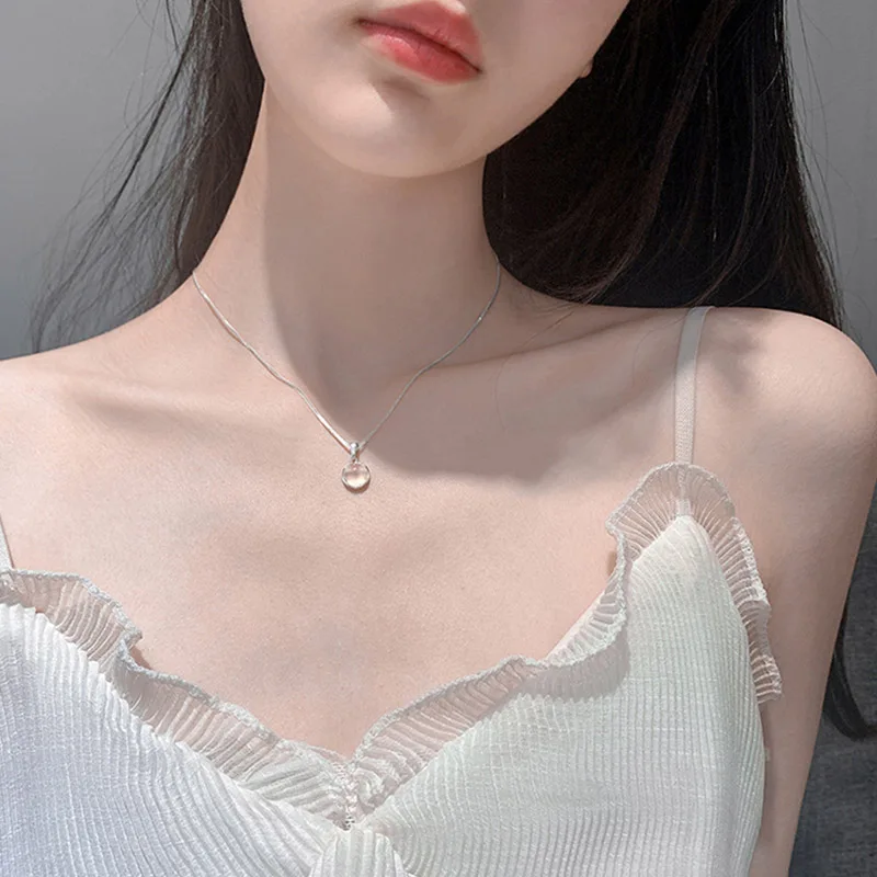 S925 Sterling Silver White Round Pendant Necklaces Luxury Women Fine Jewelry Clavicle Chain Short Necklace | Украшения и