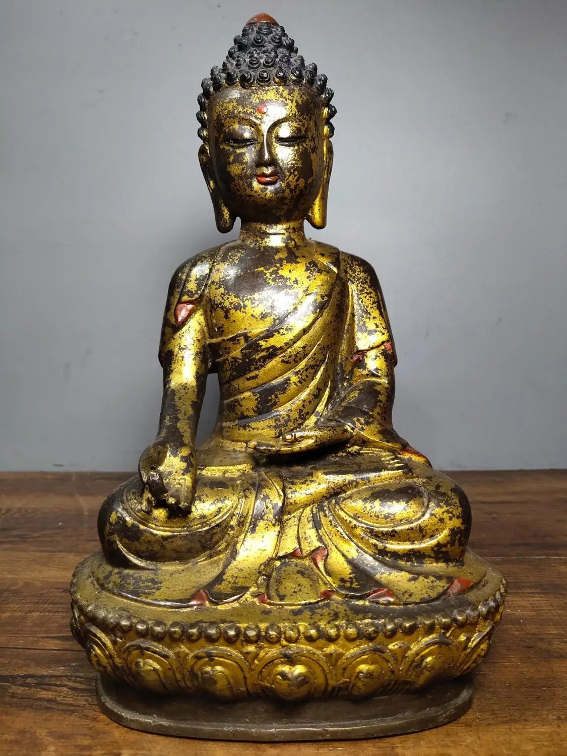 

Home Decor 12" Tibet Buddhism Temple Old Bronze Gilt Cinnabars Shakyamuni Buddha Statue Amitabha Enshrine the Buddha