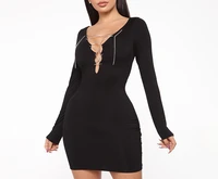 2021 party metal chain lace up front skirt sexy long sleeve tight dress fashion party club black pencil mini bag hip dress 5xl