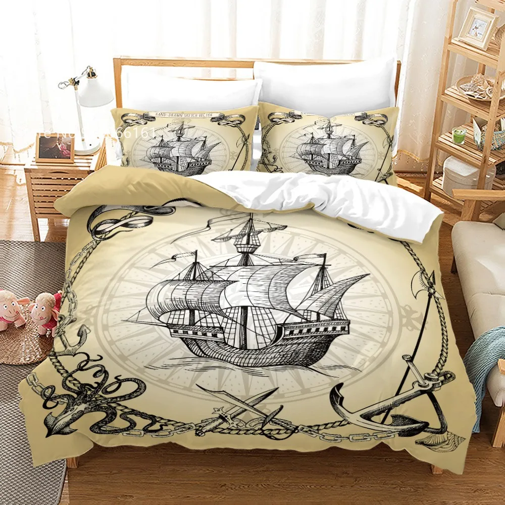 

Pirate Ship Bedding Set Nautical Compass Duvet Cover 3D Print Vintage Anchor Bed Quilt Cover For Bedroom Home Bed Cover Set