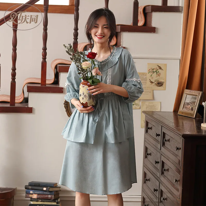 

Women Cotton Long Sleeve Nightdress Spring Thin Lovely Princess Loose Plus Size Sleepwear Long Korean Retro Palace Sleepshirts