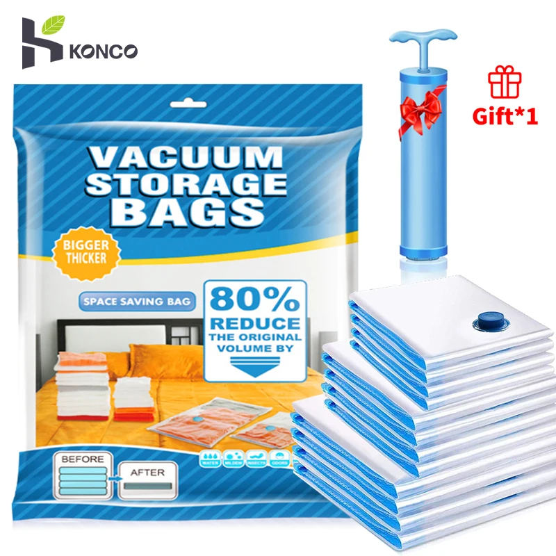 Konco Premium Vacuum Storage Bags,6/10pack Vacuum Bag Foldable Clothes Organizer Seal Compressed Travel Saving Bag Package