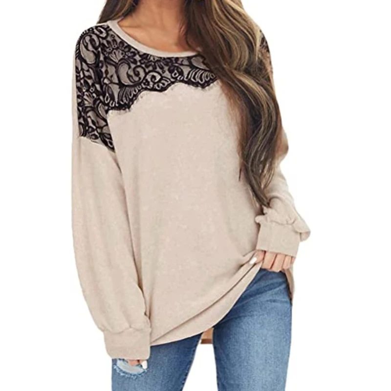 

Женская трикотажная футболка с кружевом, круглым вырезом и длинным рукавом