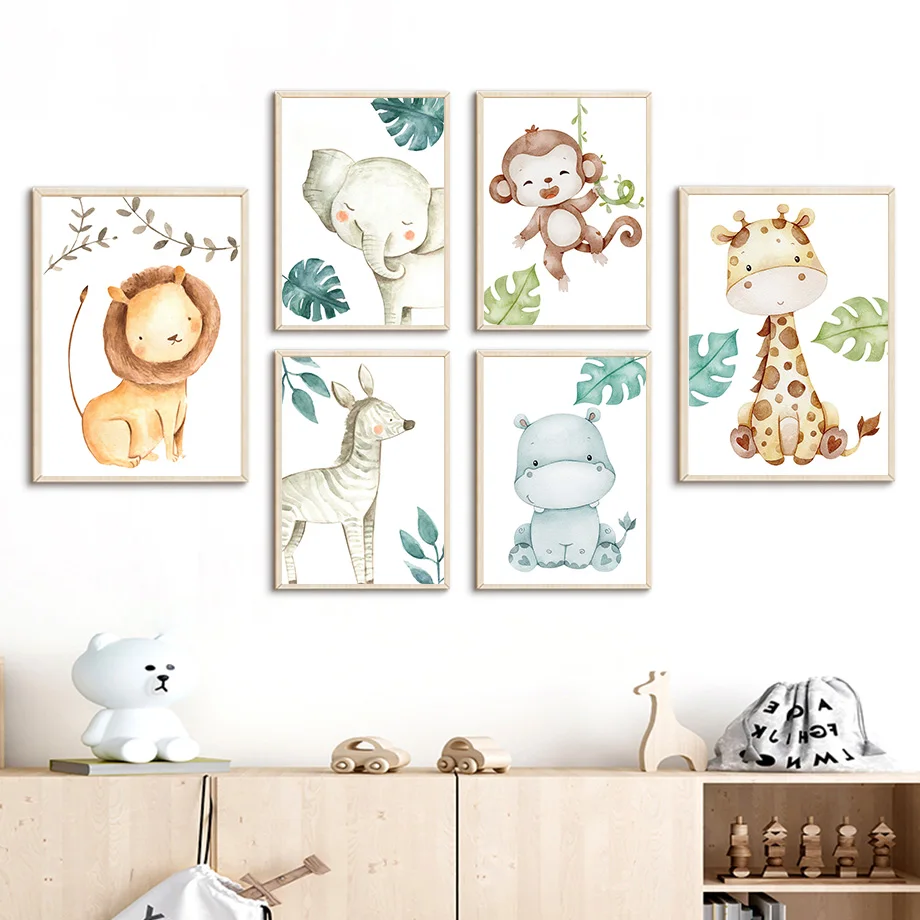 

Giraffe Elephant Zebra Hippo Cartoon Nordic Posters And Prints Nursery Wall Art Canvas Painting Wall Pictures Child Room Decor