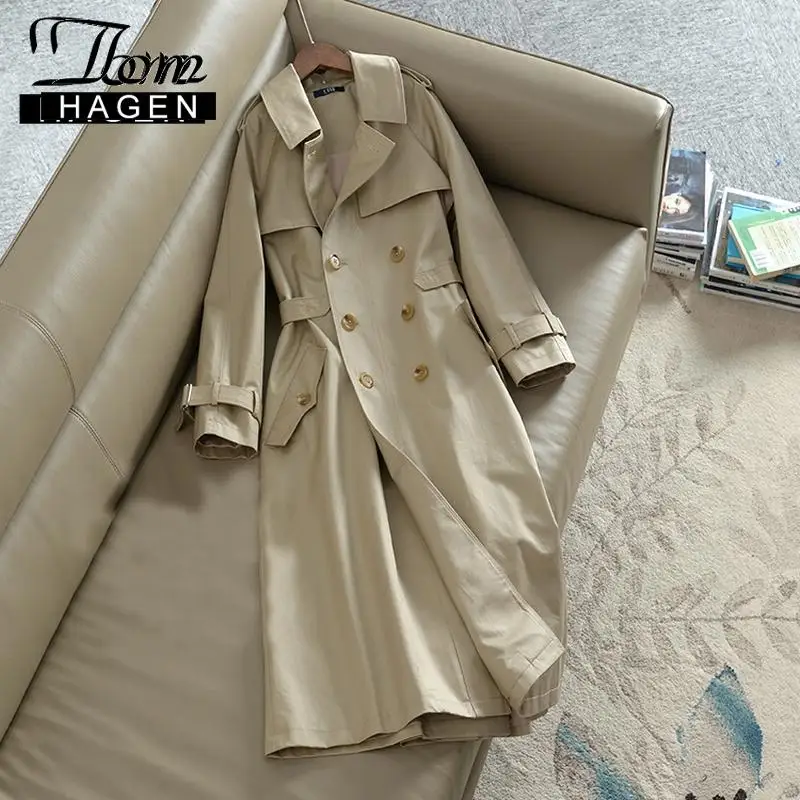 Том Хаген зимний длинный Тренч пальто для женщин Бежевый свободный Epaulet дизайн