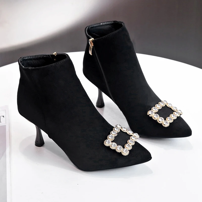 Пикантные Черные ботильоны с острым носком для ночного клуба женские ботинки на