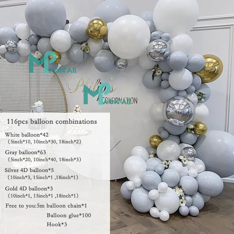 116 шт. серый белый шар гирлянда арочный комплект хромированные 4D серебристые