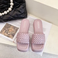fashion women weave slippers square toe flat casual shoes comfortable platform solid flip flops outdoor open toe beach sandals