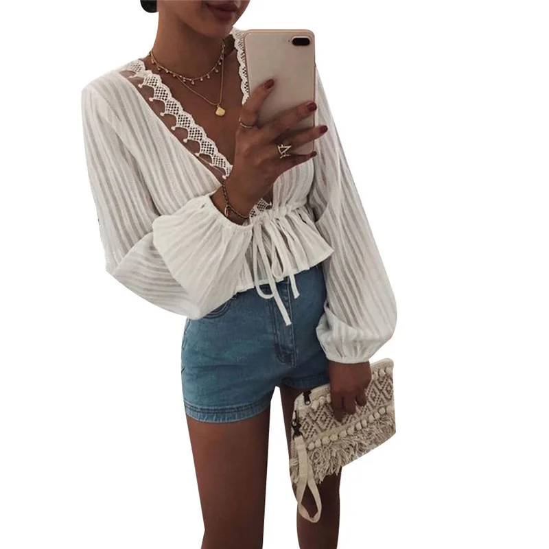 

Women Lantern Sleeve Streetwear Tops Blouse Long Sleeve V-neck Sexy Blouse Ladies Casual Tops 2019 New Dropshipping
