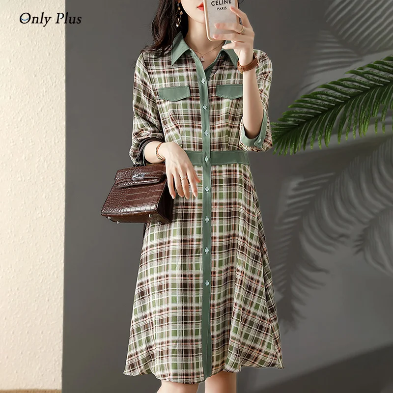 

EVNISI Spring Turn-down Collar Long Sleeve Plaid Vintage Women Dress Single Breasted A-line Dress Casual Office Lady Vestidos