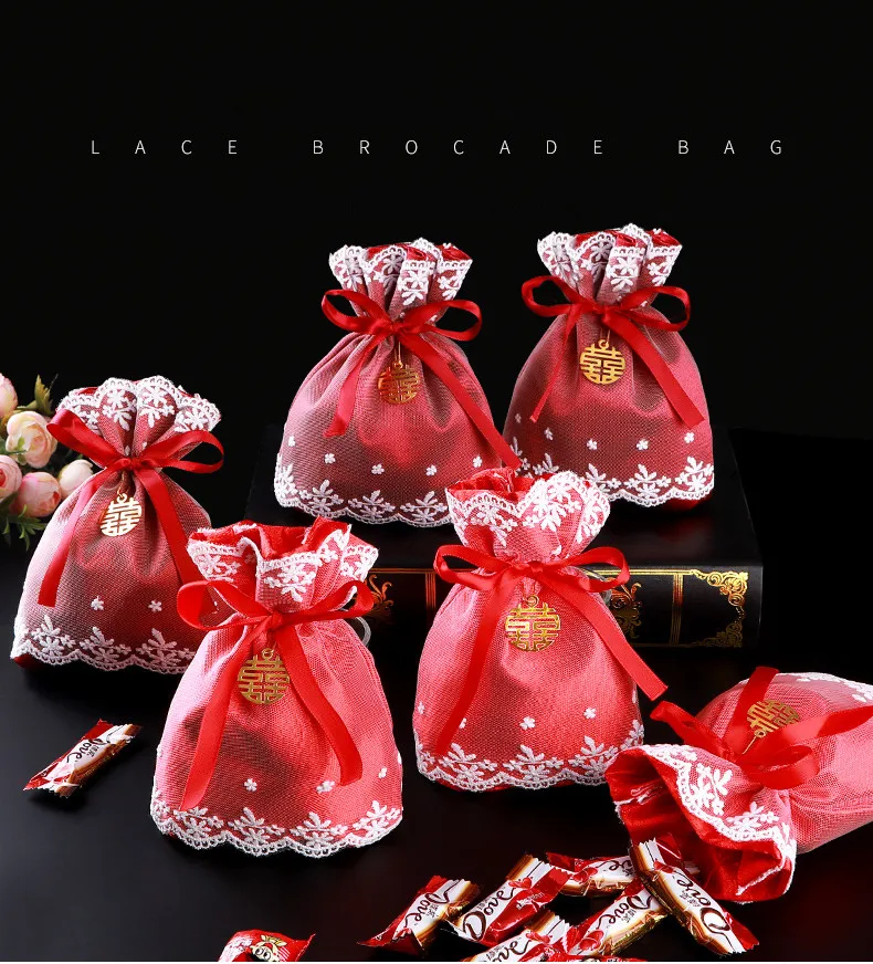 

white lace red candy bag wedding gifts bags mariage Favor Jewelry Pouch