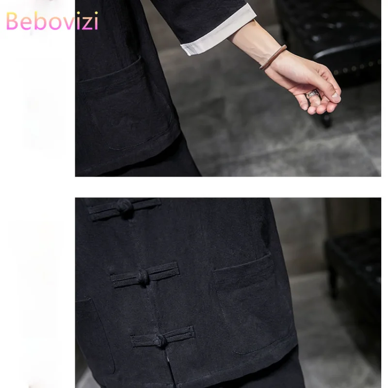 

M-5XL Cotton Linen Black Hanfu Sets Kung Fu Chinese Style Suit Men Traditional Tang Tops + Long Pants Clothes Bruce Lee Costume