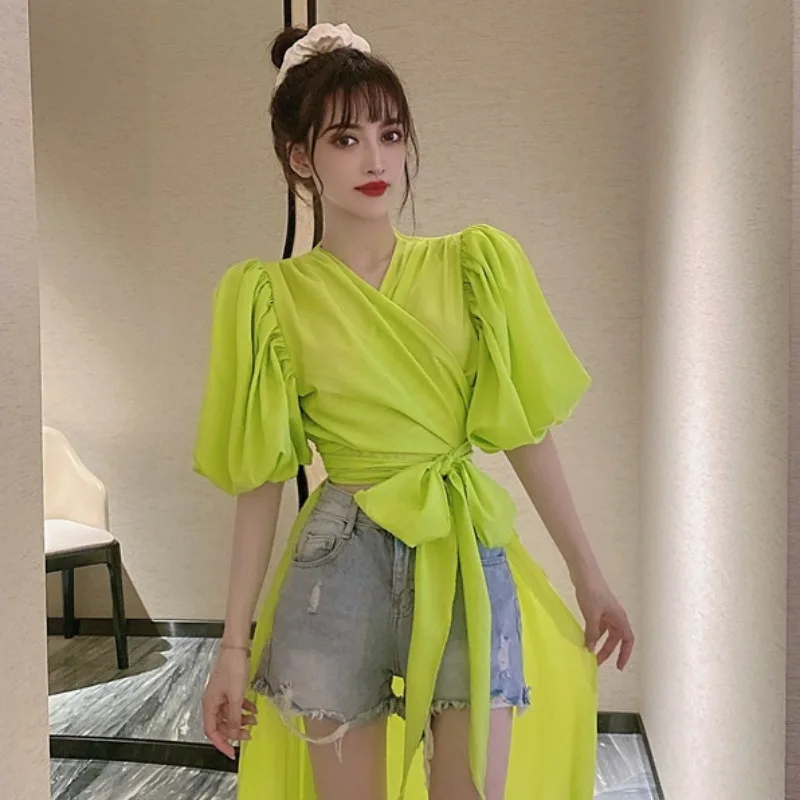

Women Blouse Elegant Waist Hugging Solid Color Bow Shirt Female Korean Style Pleated Long-Sleeved Slimming Tops