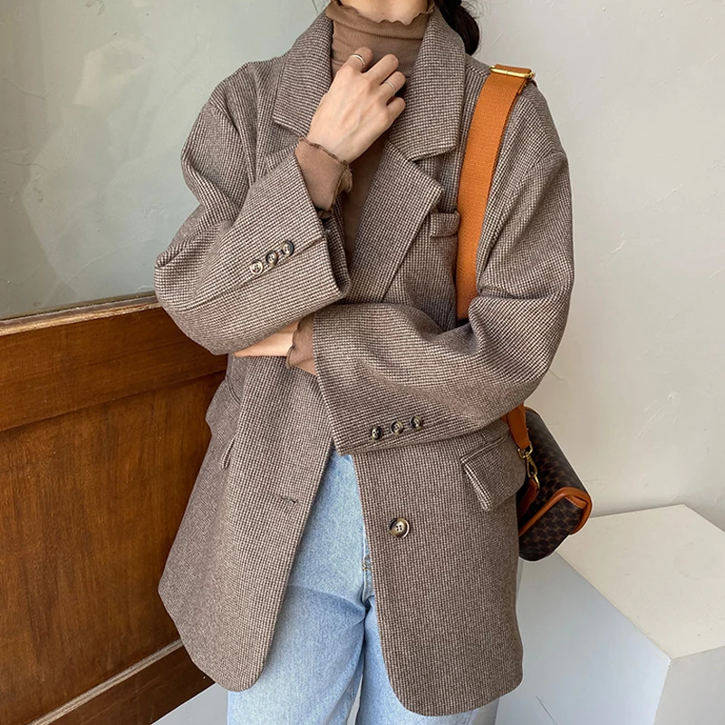 BGTEEVER Ретро стиль свободный клетчатый костюм куртка пальто зима 2019 отложной