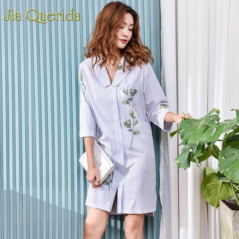 Женская ночная рубашка J & Q хлопковая Ночная в полоску с отворотом и цветочным