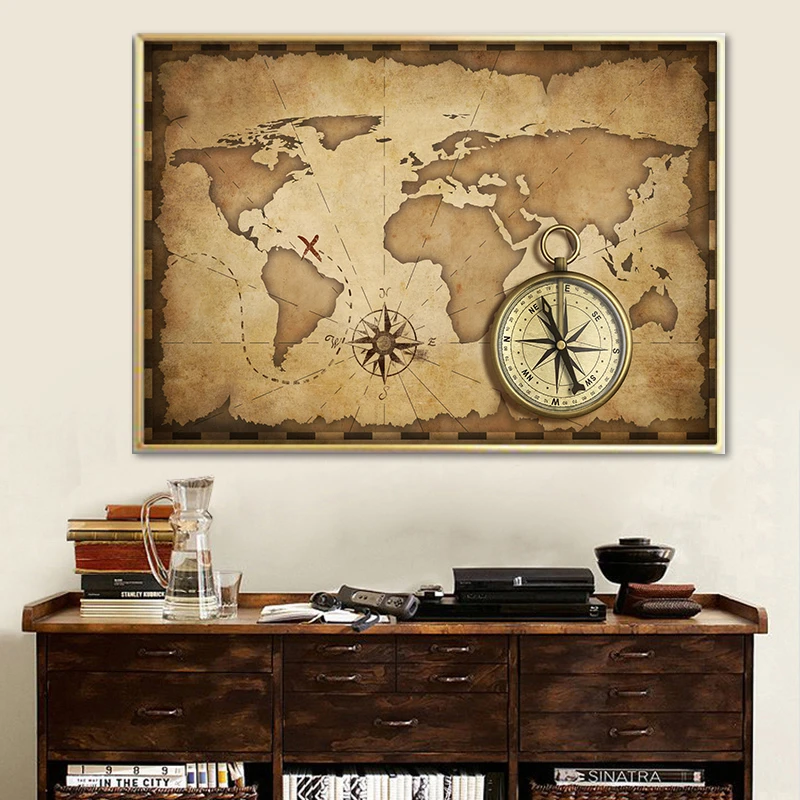 Большая винтажная морская карта и Компас Карта мира арт-принт на холсте плакат