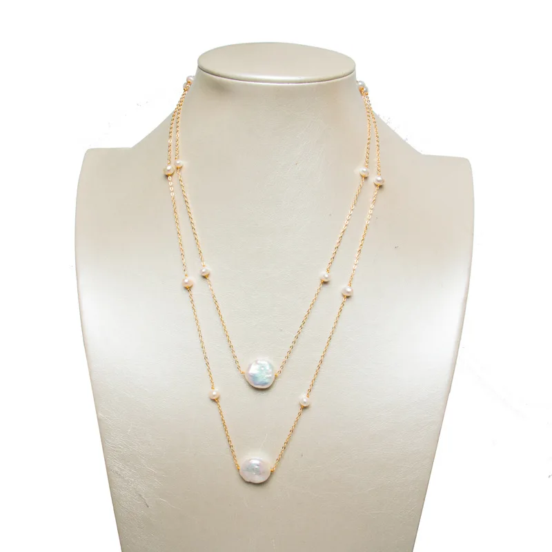 

Double-layer button necklace simple freshwater pearl mix and match necklace 210326-82