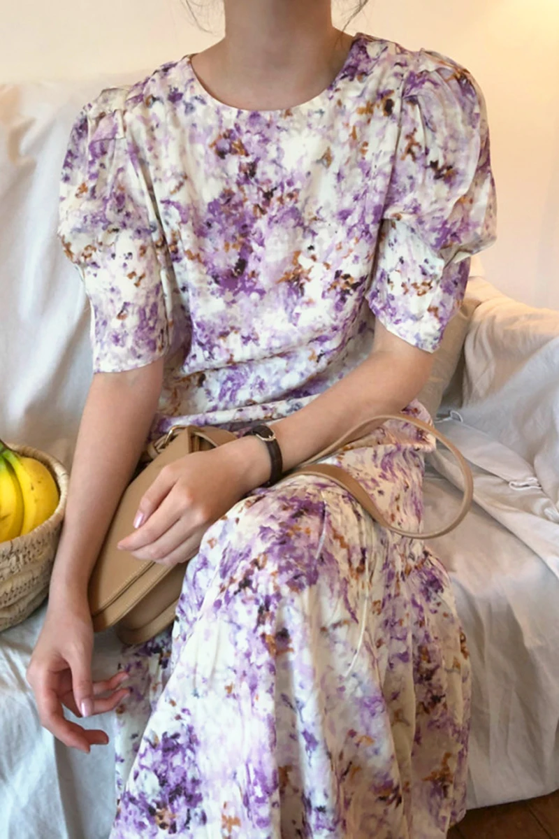 

YAMDI 2020 new elegant summer dresses woman print floral a-line short sleeve vintage korean party midi dress women high waist
